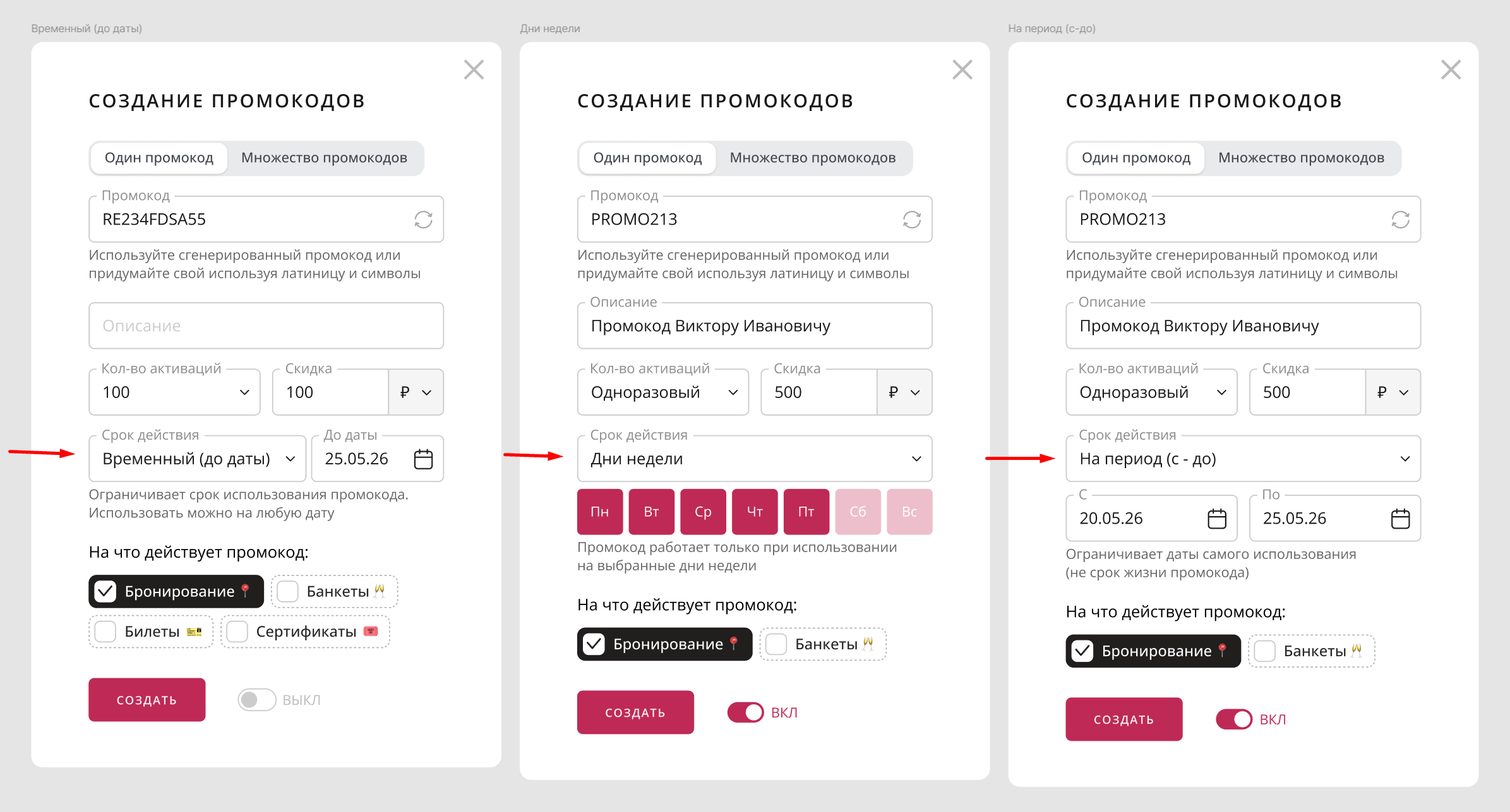 Настройки срока действия промокодов
