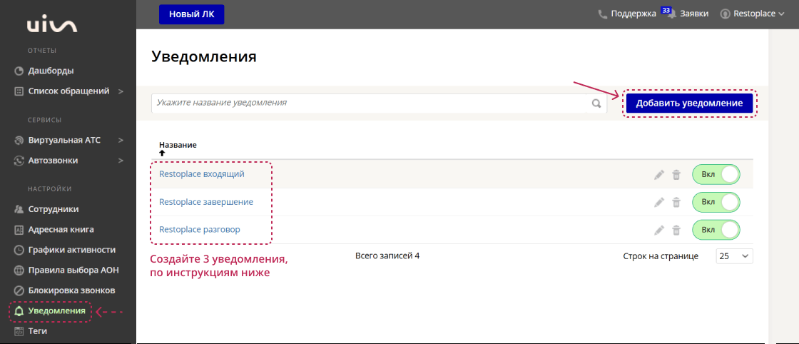 Интеграция UIS и Restoplace - уведомления