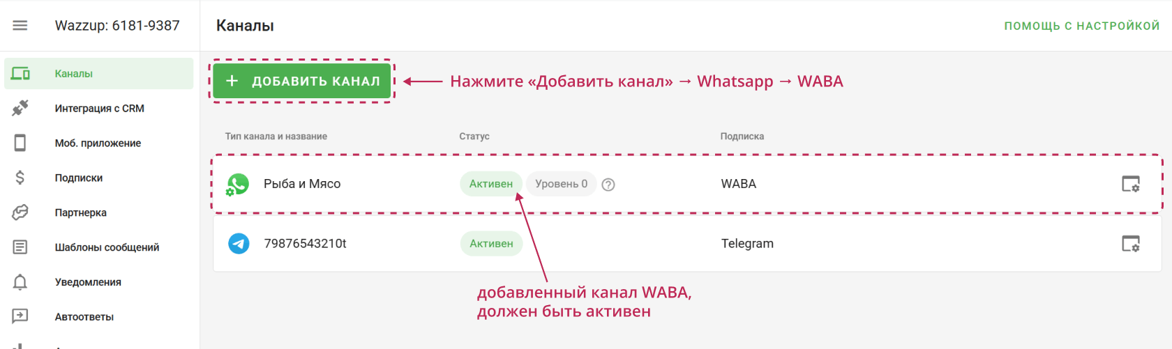 Добавить каналы в Wazzup