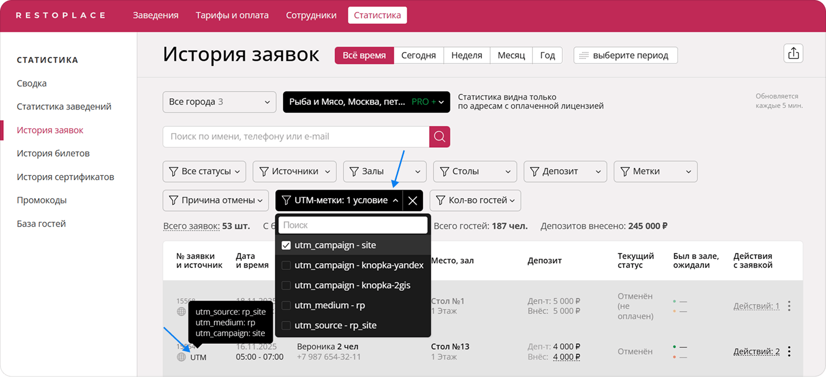 Выбор причины при отмене