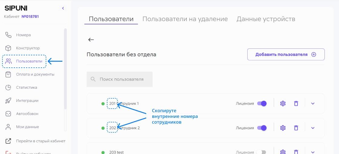 Внутренние номера сотрудников в Sipuni