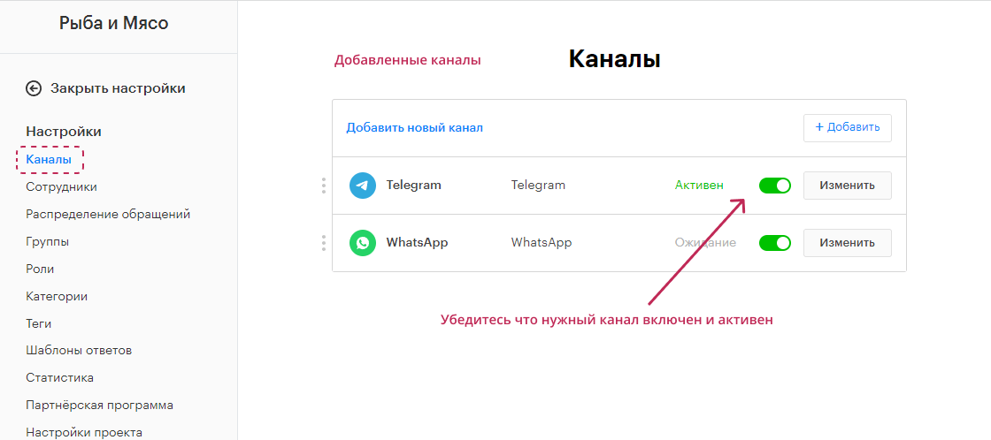 Добавленные каналы в Телетайп