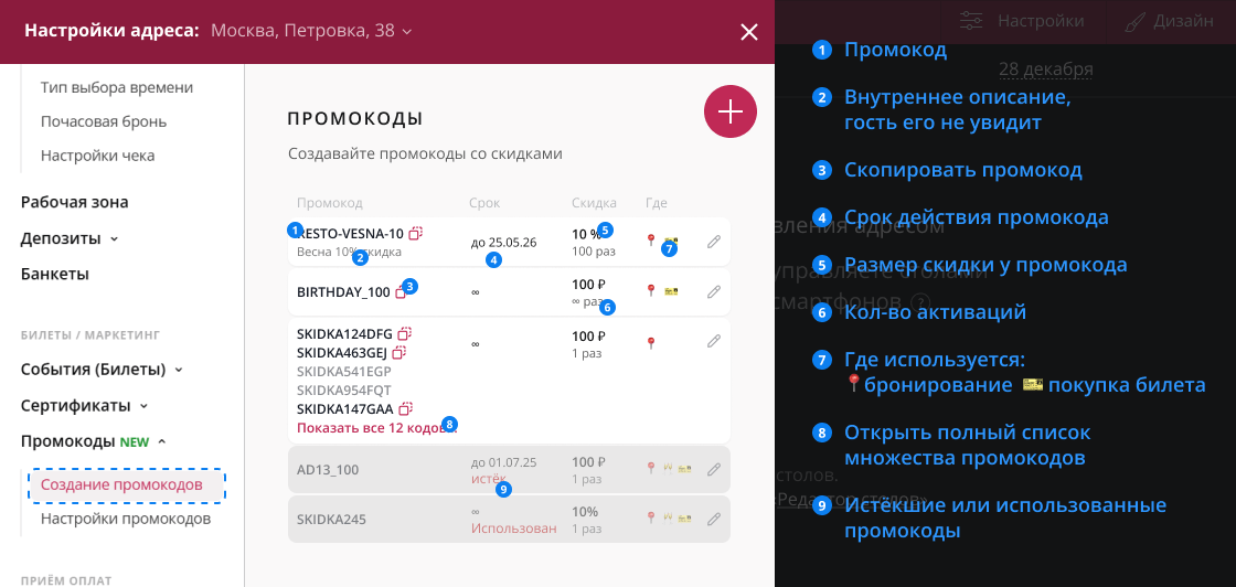 Управление промокодами в Рестоплейс
